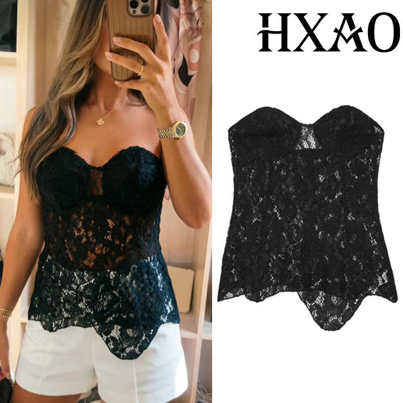 Strapless Bra Backless - เสื้อครอปท็อป HXAO แบบคอร์เซ็ท สายเดี่ยว ผ้าลูกไม้ สีดำ