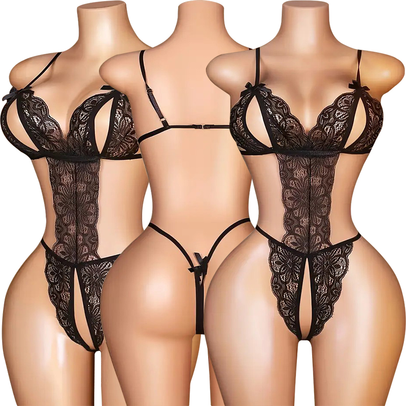 Lace Teddy Lingerie - ชุดนอนเซ็กซี่ไร้เป้าชุดชั้นในอีโรติกลูกไม้ผูกโบว์สำหรับผู้หญิงเสื้อชั้นในเปิดลึกคอวีชุดนอนตุ๊กตาหมีเท็ดดี้