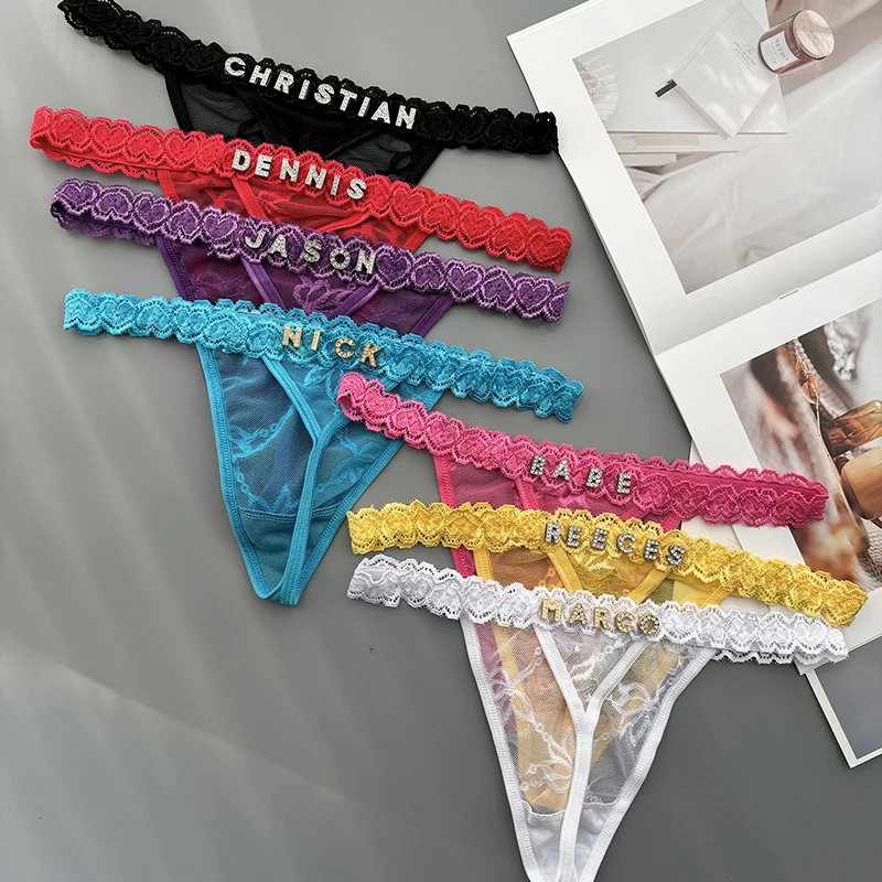 Thong Bikini Women - บุคลิกภาพที่กําหนดเองทองชื่อคริสตัลตัวอักษรเซ็กซี่ลูกไม้บิกินี่กางเกง G-String ต่ําเอวกางเกงสุภาพสตรีกางเกงยีนส์คนรักภรรยาของขวัญ