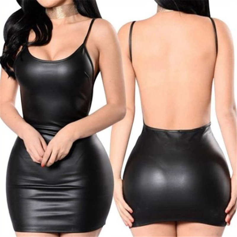 Push Up Bra Padded - เซ็กซี่หนังFauxชุดBackless Club Partyชุดสั้นสีดําดูเปียกLatex Bodycon Push Up