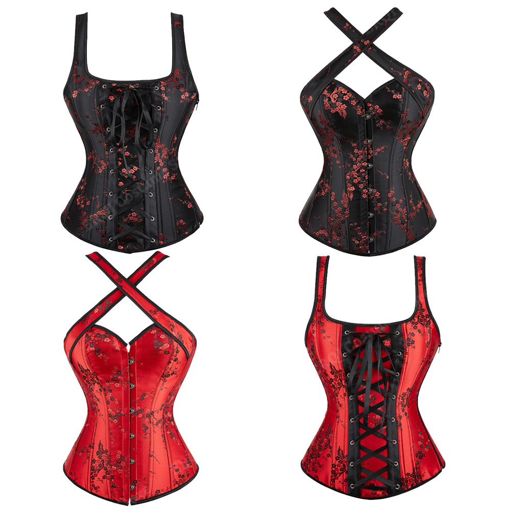 Corset Waist Cinch - รัดตัวพร้อมสายรัดสำหรับผู้หญิงดอกไม้ Jacquard Corset Bustiers สีดำ Gothic