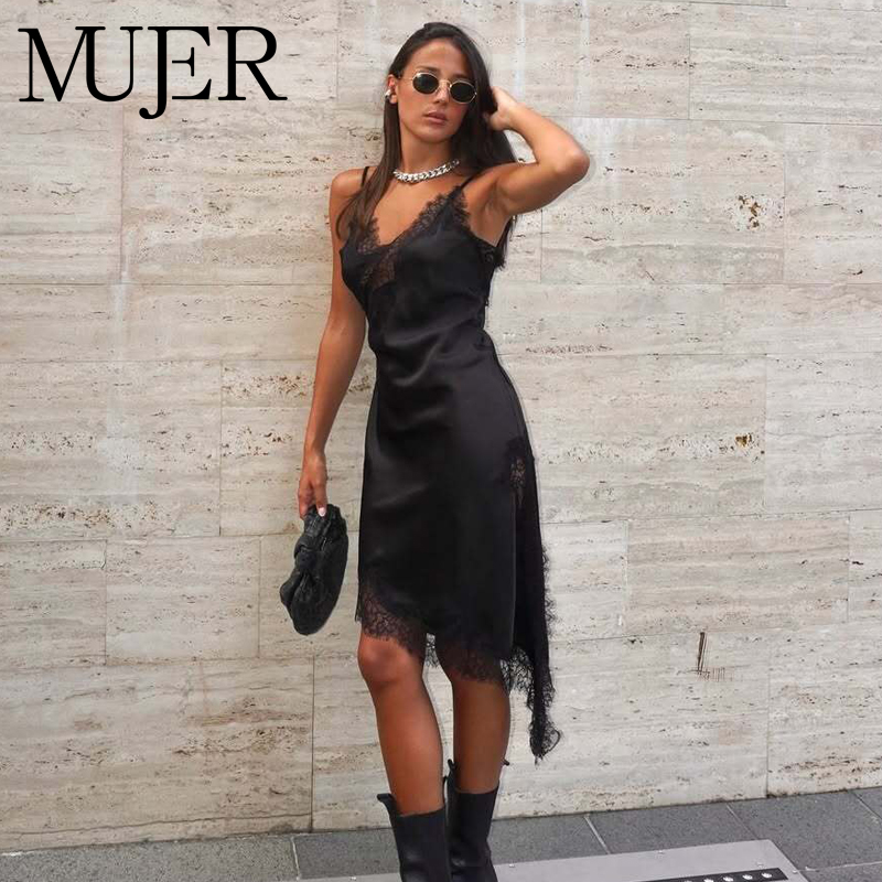 Slip Dress Satin - ชุดเดรสลูกไม้สีดำสำหรับผู้หญิง ชุดเดรสสั้นผ้าซาตินสำหรับงานปาร์ตี้ ชุดเดรสเซ็กซี่เปิดหลังสำหรับผู้หญิง ชุดเดรสสั้นแบบไม่สมมาตรสำหรับกลางคืน