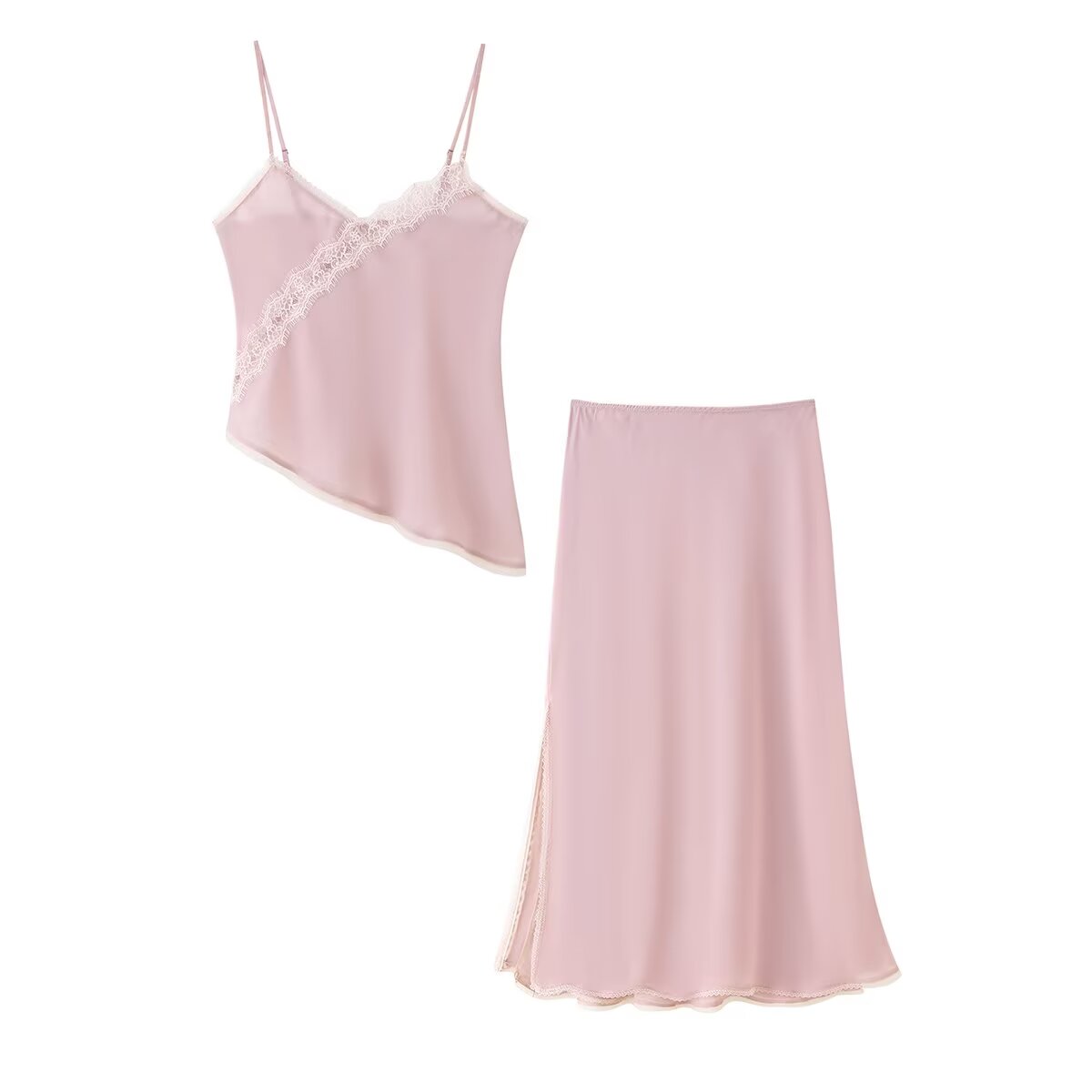 Cami Top Lace - ชุดเสื้อสายเดี่ยวสีชมพูและกระโปรง Tidalyf 2025 สำหรับผู้หญิง คอรูปหัวใจ แต่งขอบลูกไม้