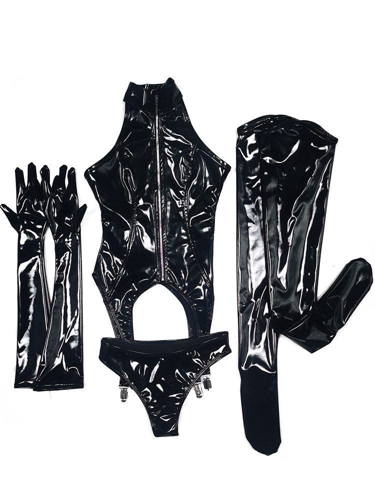 4ชิ้น/เซ็ตดูเปียก PVC Catsuit  - Garter Belt Set บทวิจารณ์และราคา